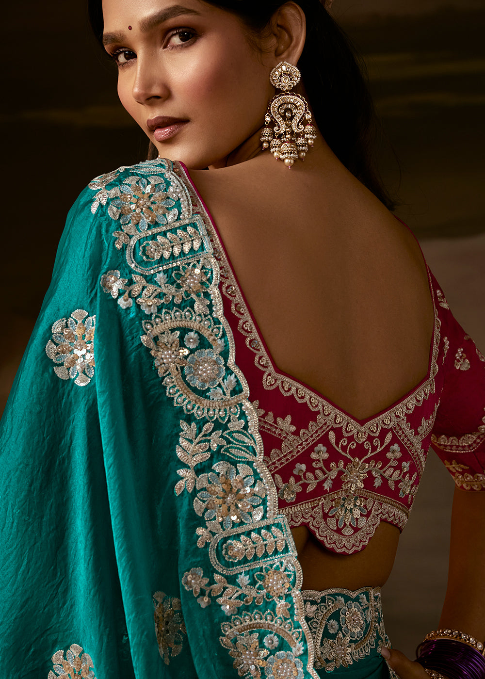 Buy Now Turquoise Zari Organza Designer Style Festive Saree Online in US, UK, Canada, France, Germany, Denmark, Sweden, Australia, UAE &amp; Worldwide at Empress.