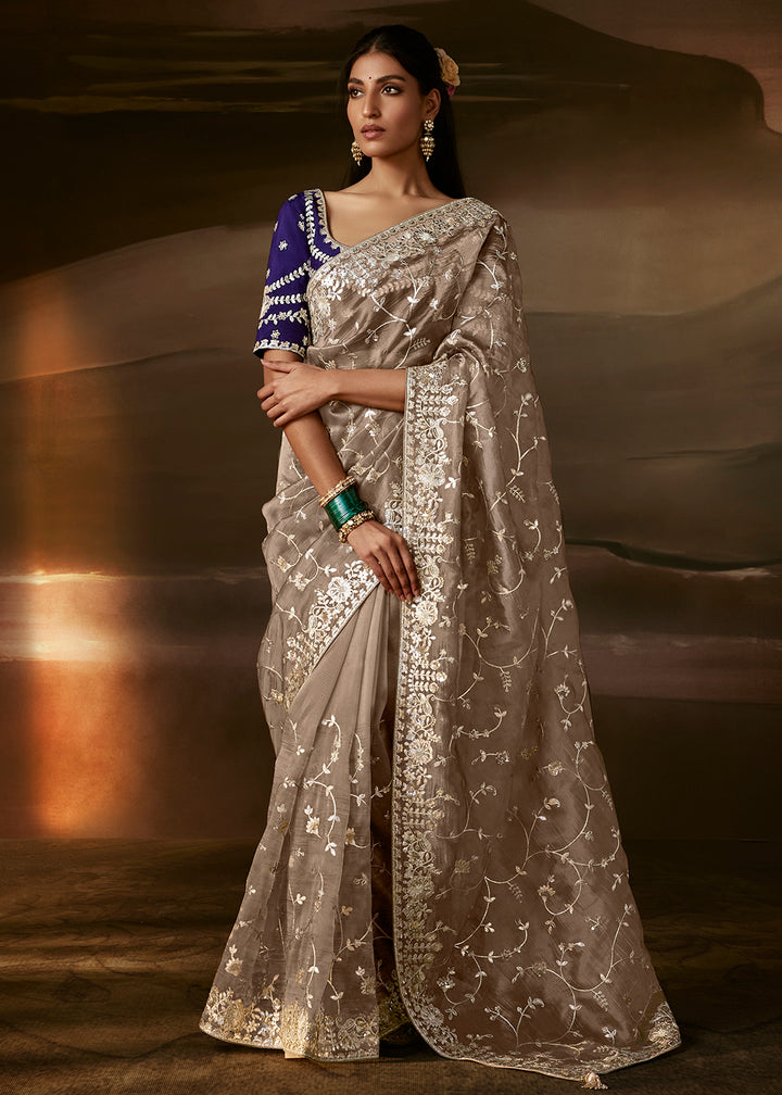 Buy Now Grey Brown Zari Organza Designer Style Festive Saree Online in US, UK, Canada, France, Germany, Denmark, Sweden, Australia, UAE &amp; Worldwide at Empress.