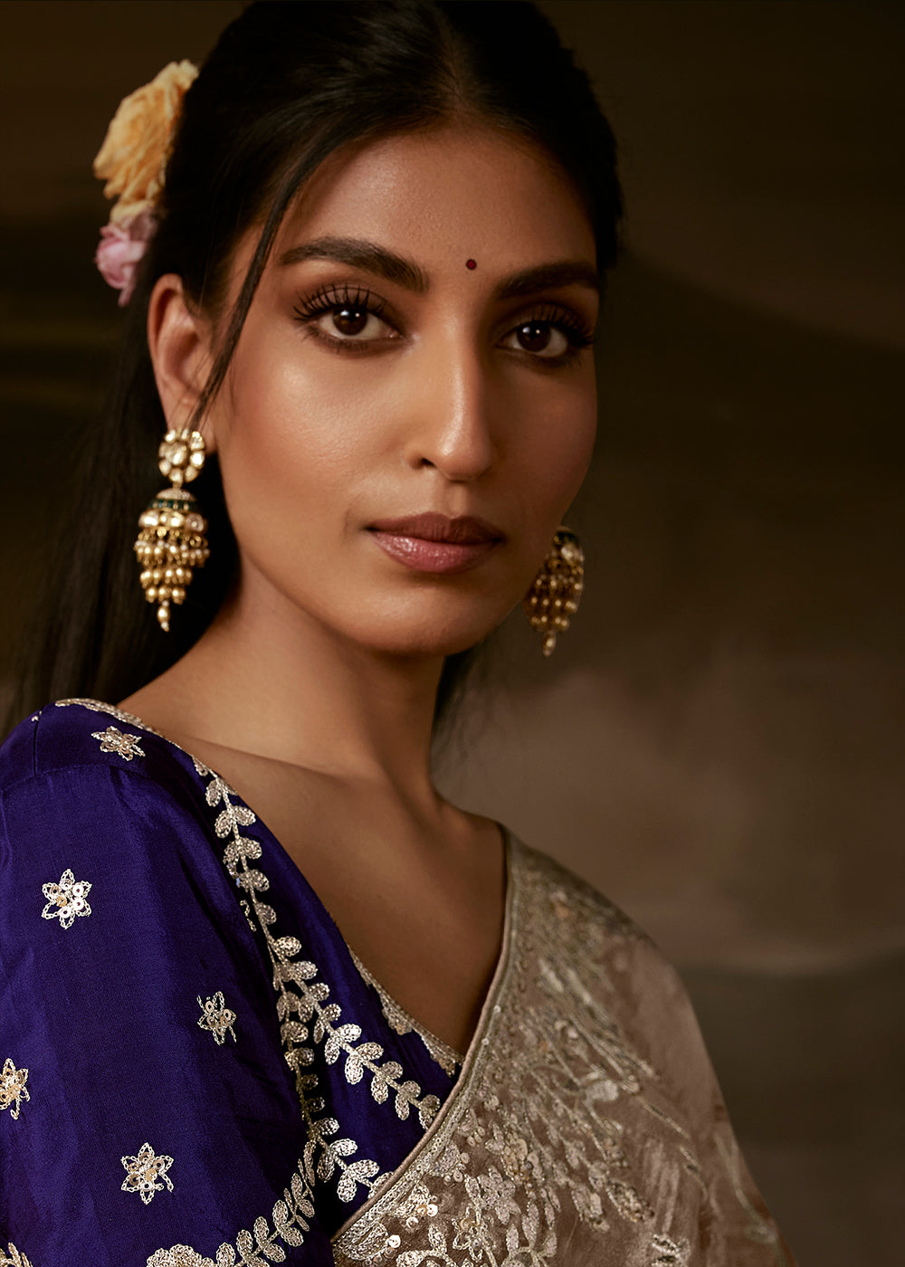 Buy Now Grey Brown Zari Organza Designer Style Festive Saree Online in US, UK, Canada, France, Germany, Denmark, Sweden, Australia, UAE &amp; Worldwide at Empress.