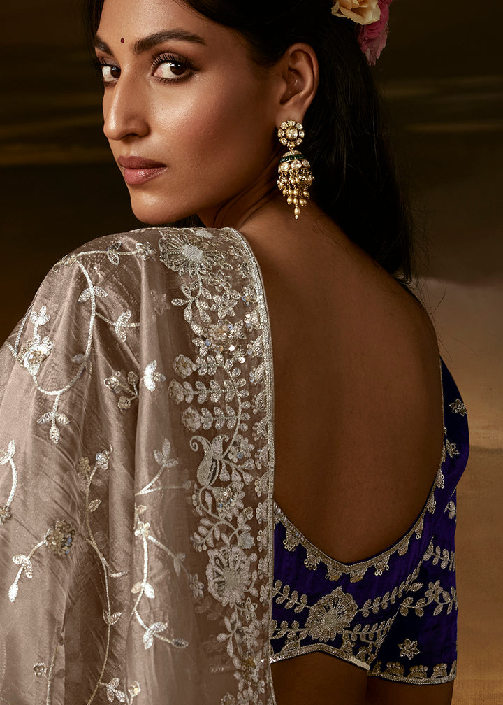Buy Now Grey Brown Zari Organza Designer Style Festive Saree Online in US, UK, Canada, France, Germany, Denmark, Sweden, Australia, UAE &amp; Worldwide at Empress.