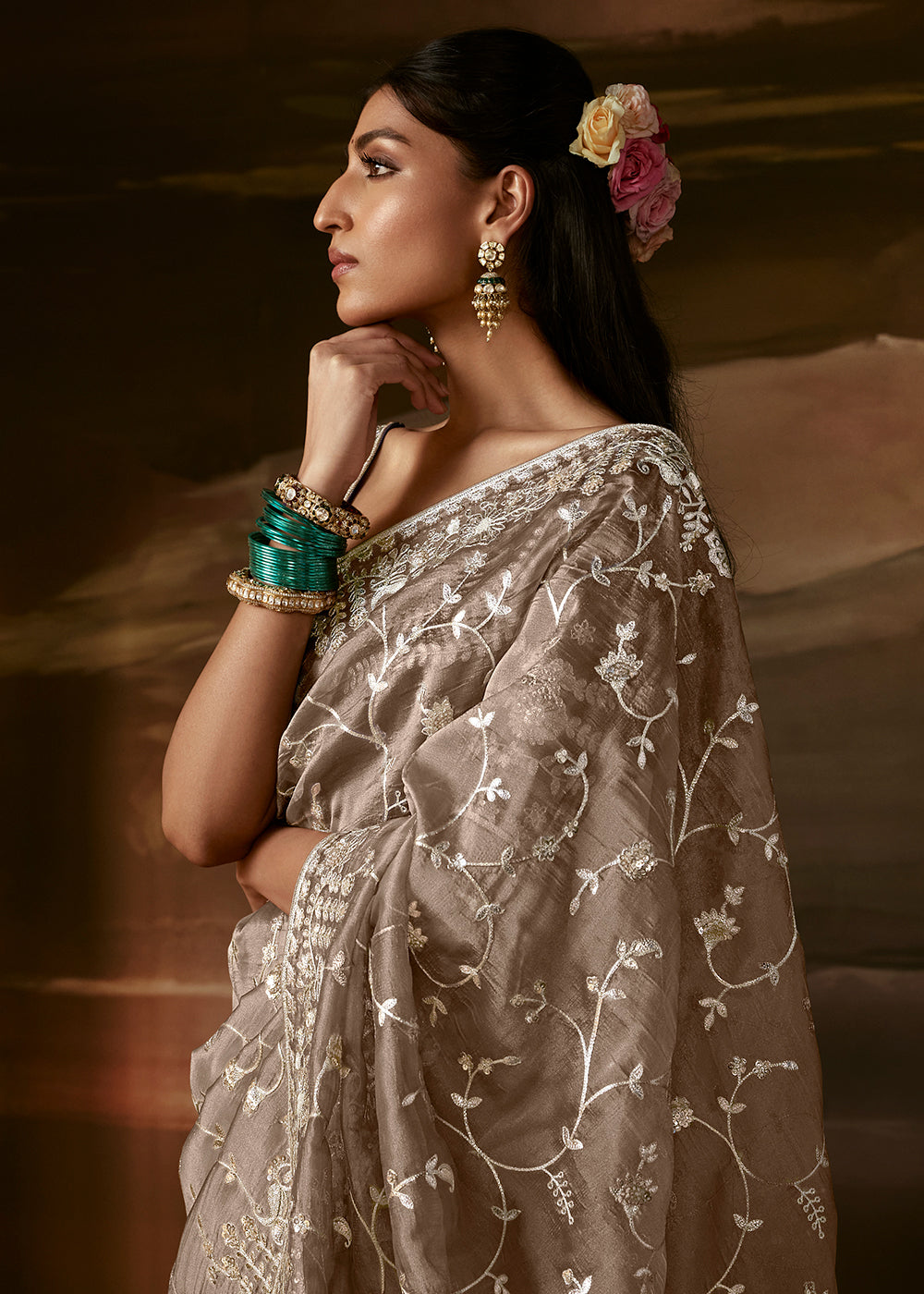 Buy Now Grey Brown Zari Organza Designer Style Festive Saree Online in US, UK, Canada, France, Germany, Denmark, Sweden, Australia, UAE &amp; Worldwide at Empress.