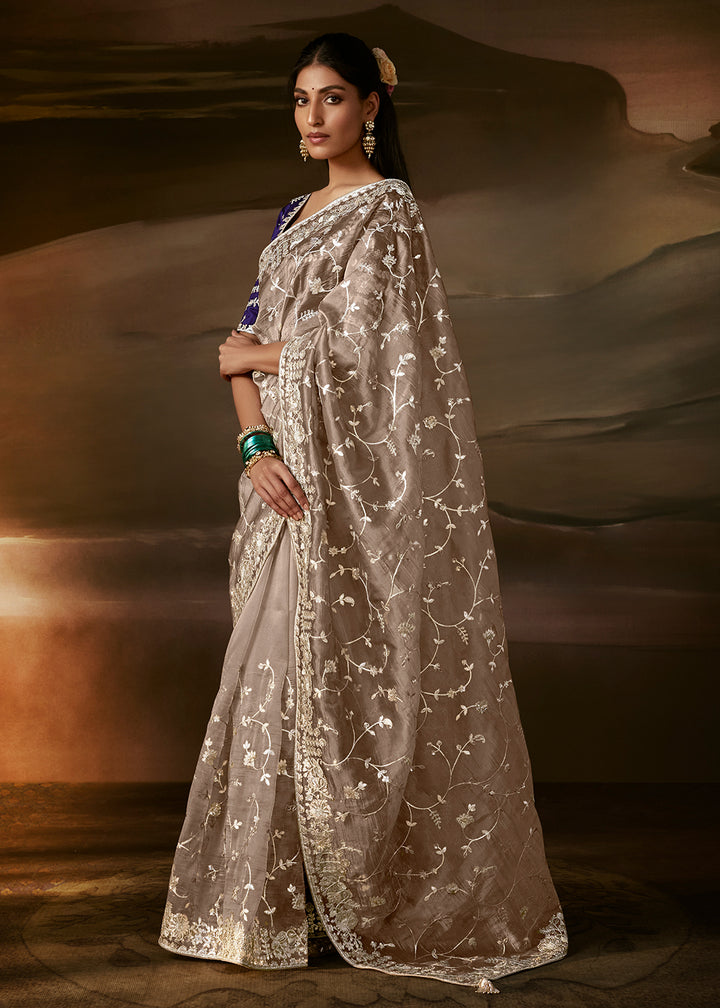 Buy Now Grey Brown Zari Organza Designer Style Festive Saree Online in US, UK, Canada, France, Germany, Denmark, Sweden, Australia, UAE &amp; Worldwide at Empress.