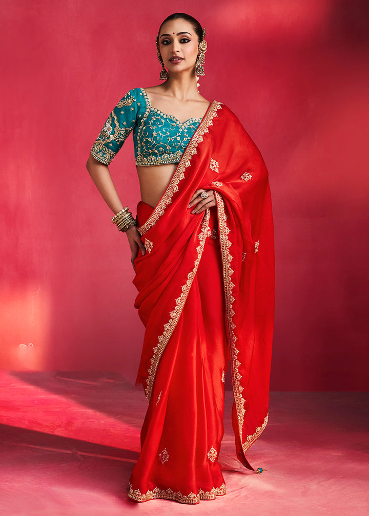 Buy Now Designer Style Red Embroidered Wedding Wear Saree Online in US, UK, Canada, France, Germany, Denmark, Sweden, Italy, Austria &amp; Worldwide at Empress.
