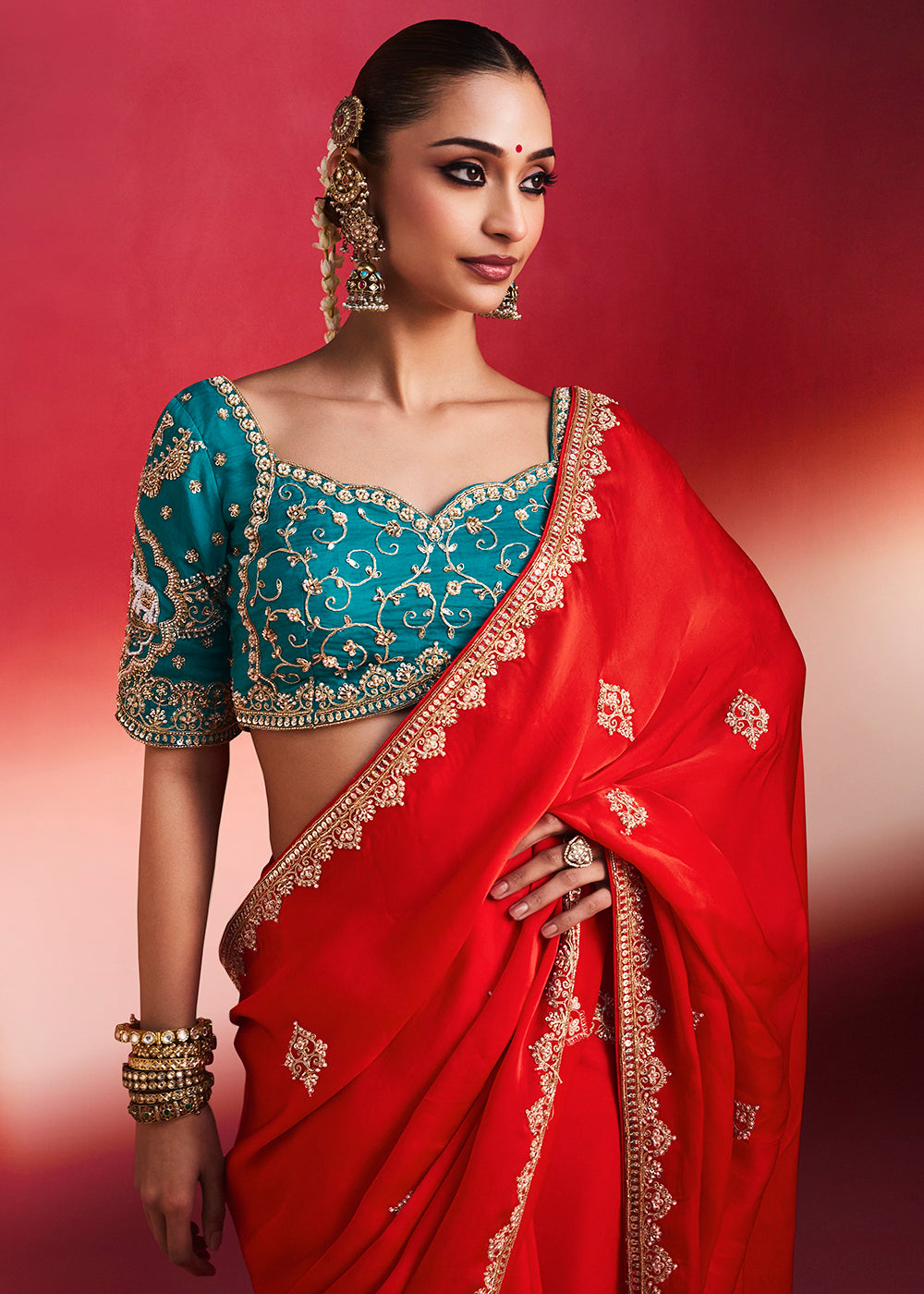 Buy Now Designer Style Red Embroidered Wedding Wear Saree Online in US, UK, Canada, France, Germany, Denmark, Sweden, Italy, Austria &amp; Worldwide at Empress.