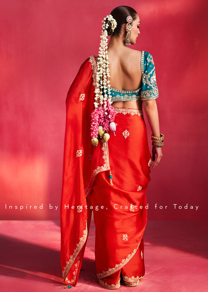 Buy Now Designer Style Red Embroidered Wedding Wear Saree Online in US, UK, Canada, France, Germany, Denmark, Sweden, Italy, Austria &amp; Worldwide at Empress.