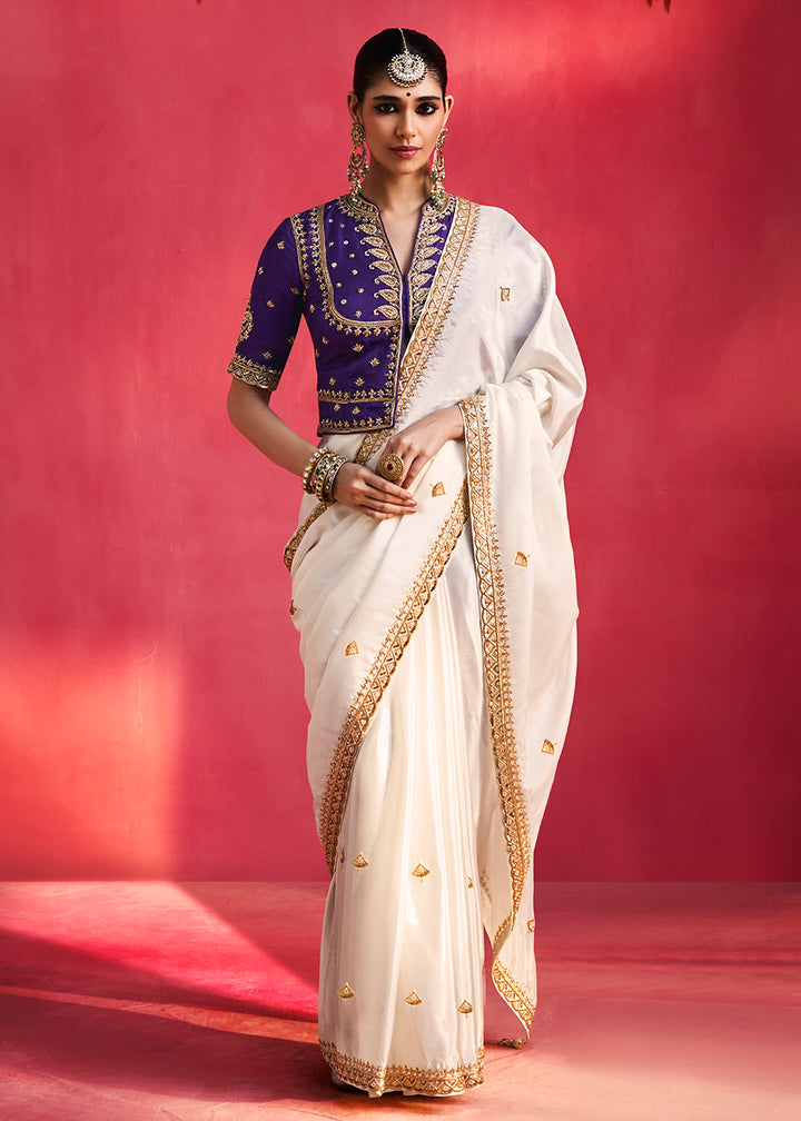 Buy Now Designer Style White Embroidered Wedding Wear Saree Online in US, UK, Canada, France, Germany, Denmark, Sweden, Italy, Austria &amp; Worldwide at Empress.