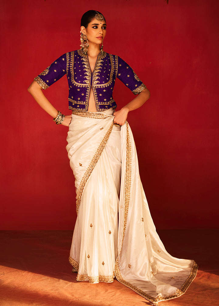 Buy Now Designer Style White Embroidered Wedding Wear Saree Online in US, UK, Canada, France, Germany, Denmark, Sweden, Italy, Austria &amp; Worldwide at Empress.