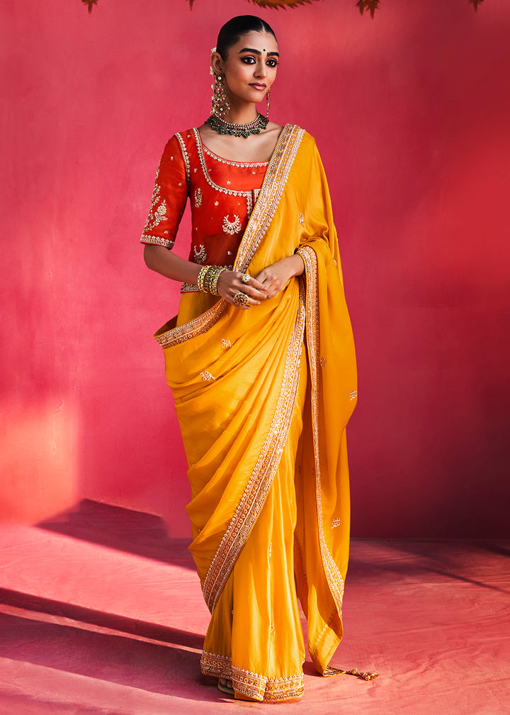 Buy Now Designer Style Mustard Embroidered Wedding Wear Saree Online in US, UK, Canada, France, Germany, Denmark, Sweden, Italy, Austria &amp; Worldwide at Empress.