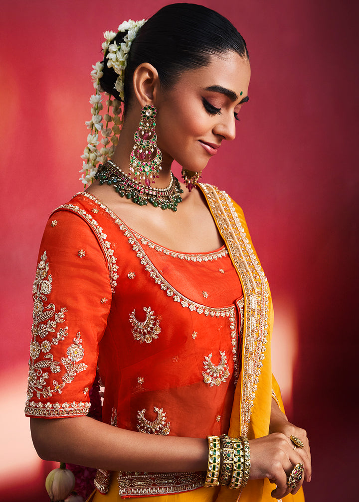 Buy Now Designer Style Mustard Embroidered Wedding Wear Saree Online in US, UK, Canada, France, Germany, Denmark, Sweden, Italy, Austria &amp; Worldwide at Empress.