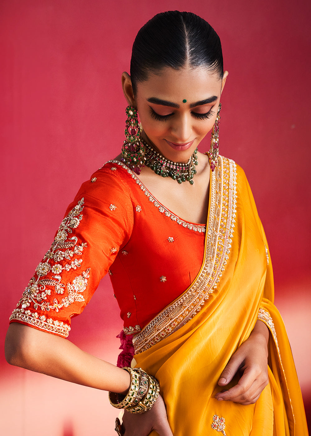 Buy Now Designer Style Mustard Embroidered Wedding Wear Saree Online in US, UK, Canada, France, Germany, Denmark, Sweden, Italy, Austria &amp; Worldwide at Empress.