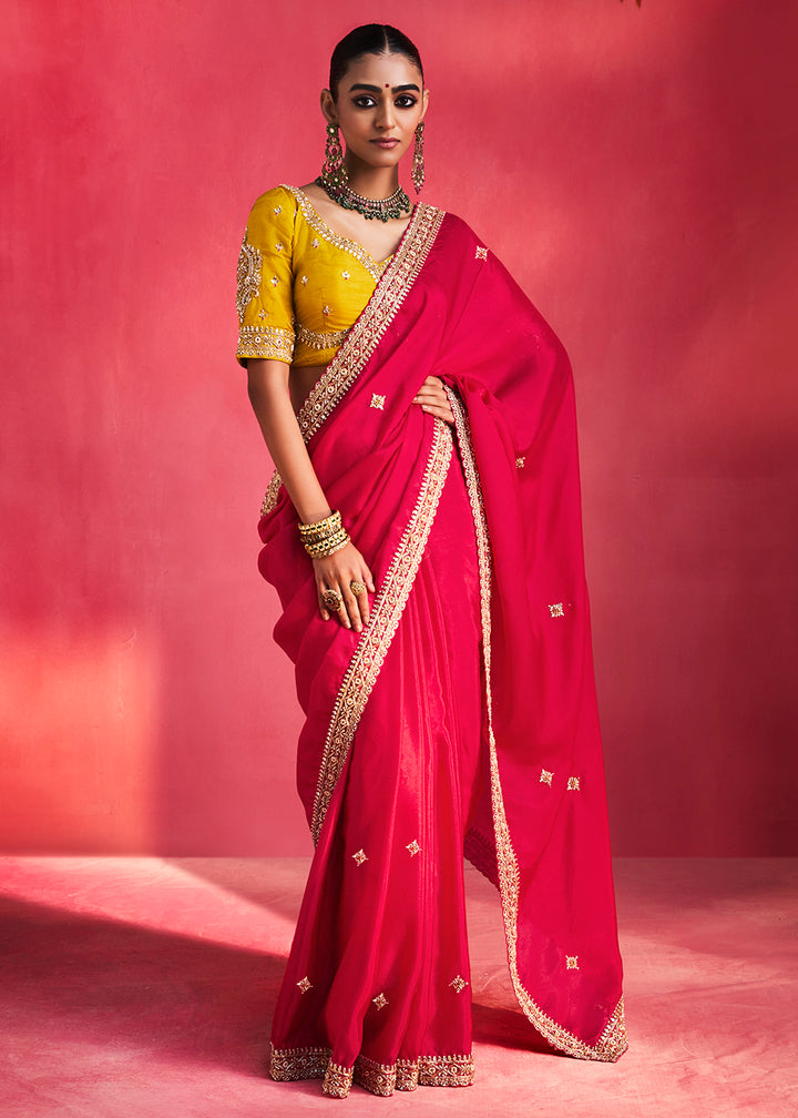 Buy Now Designer Style Rani Pink Embroidered Wedding Wear Saree Online in US, UK, Canada, France, Germany, Denmark, Sweden, Italy, Austria &amp; Worldwide at Empress.