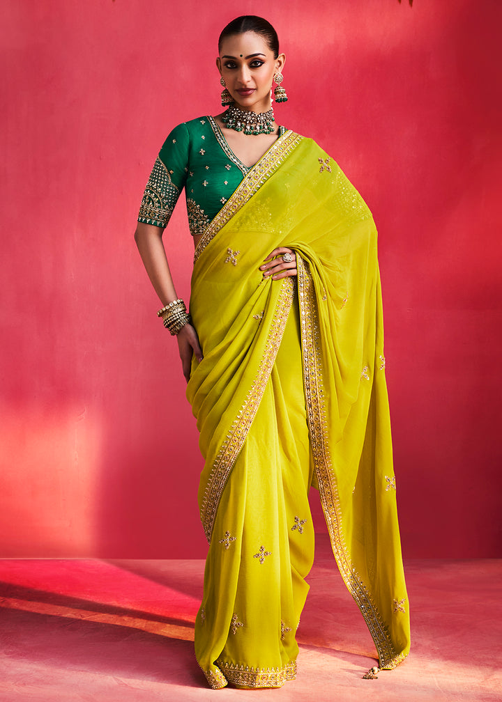 Buy Now Designer Style Lime Green Embroidered Wedding Wear Saree Online in US, UK, Canada, France, Germany, Denmark, Sweden, Italy, UAE &amp; Worldwide at Empress.
