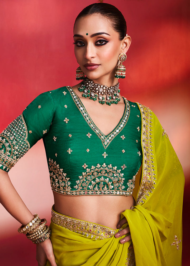 Buy Now Designer Style Lime Green Embroidered Wedding Wear Saree Online in US, UK, Canada, France, Germany, Denmark, Sweden, Italy, UAE &amp; Worldwide at Empress.