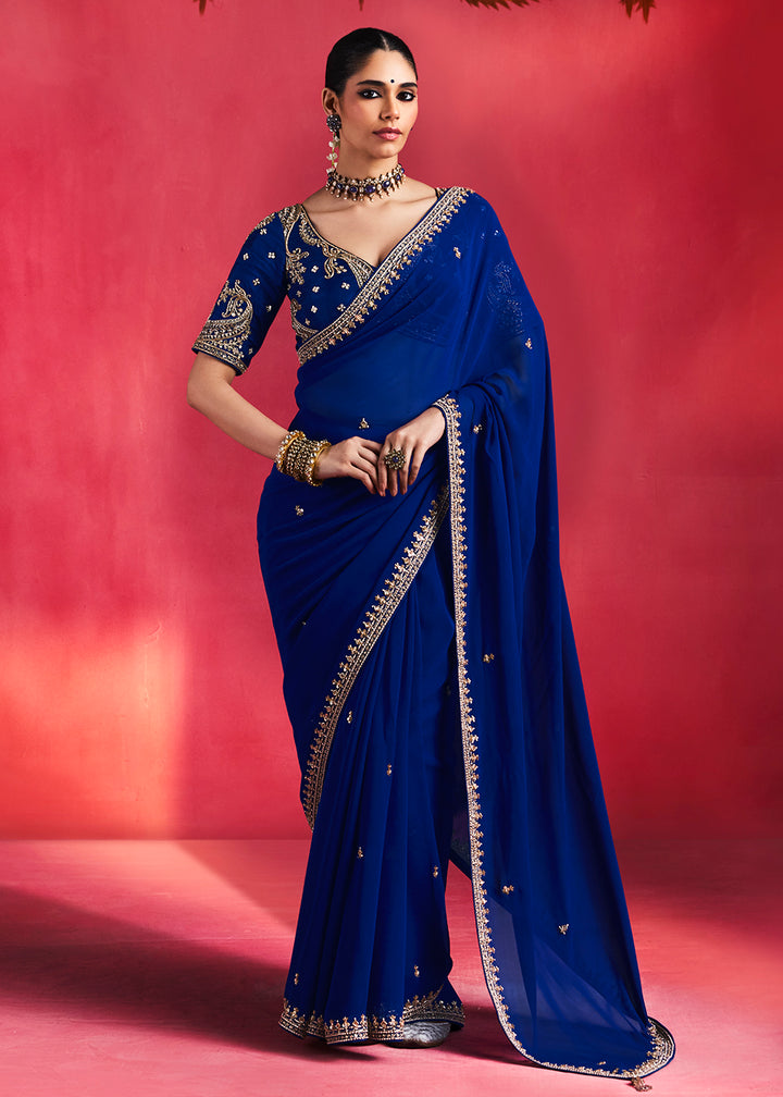 Buy Now Designer Style Royal Blue Embroidered Wedding Wear Saree Online in US, UK, Canada, France, Germany, Denmark, Sweden, Italy, UAE &amp; Worldwide at Empress.
