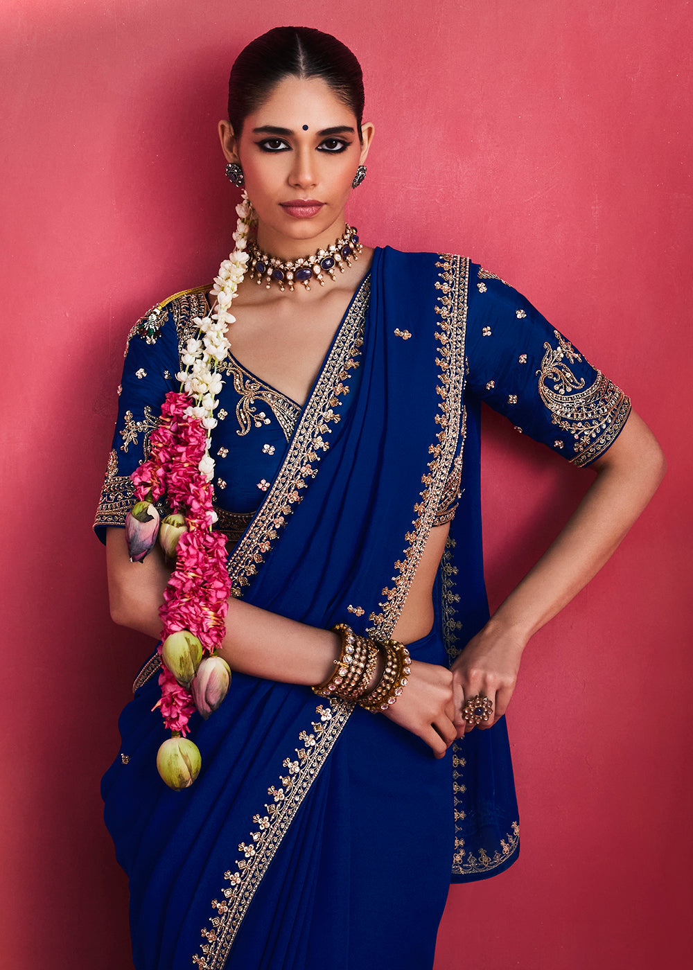 Buy Now Designer Style Royal Blue Embroidered Wedding Wear Saree Online in US, UK, Canada, France, Germany, Denmark, Sweden, Italy, UAE &amp; Worldwide at Empress.