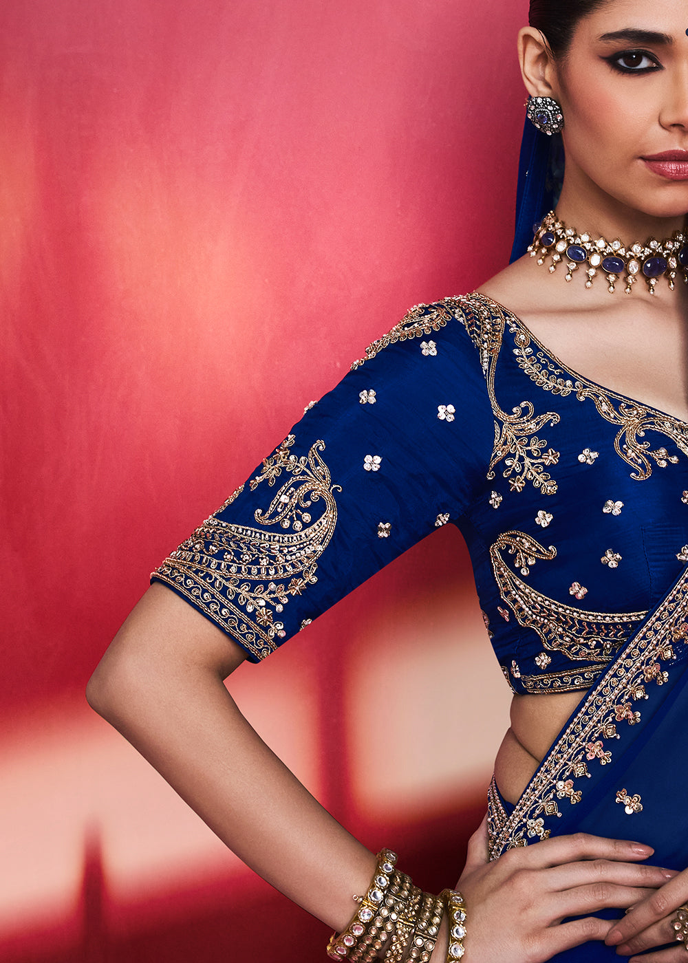 Buy Now Designer Style Royal Blue Embroidered Wedding Wear Saree Online in US, UK, Canada, France, Germany, Denmark, Sweden, Italy, UAE &amp; Worldwide at Empress.