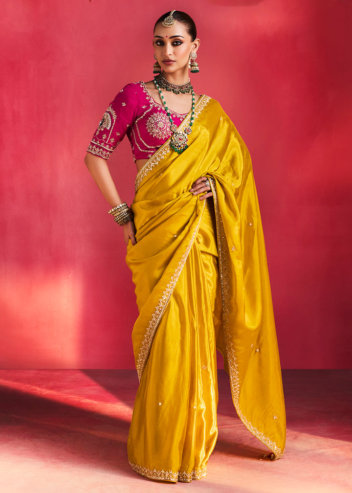 Buy Now Designer Style Yellow Embroidered Wedding Wear Saree Online in US, UK, Canada, France, Germany, Denmark, Sweden, Italy, UAE &amp; Worldwide at Empress.