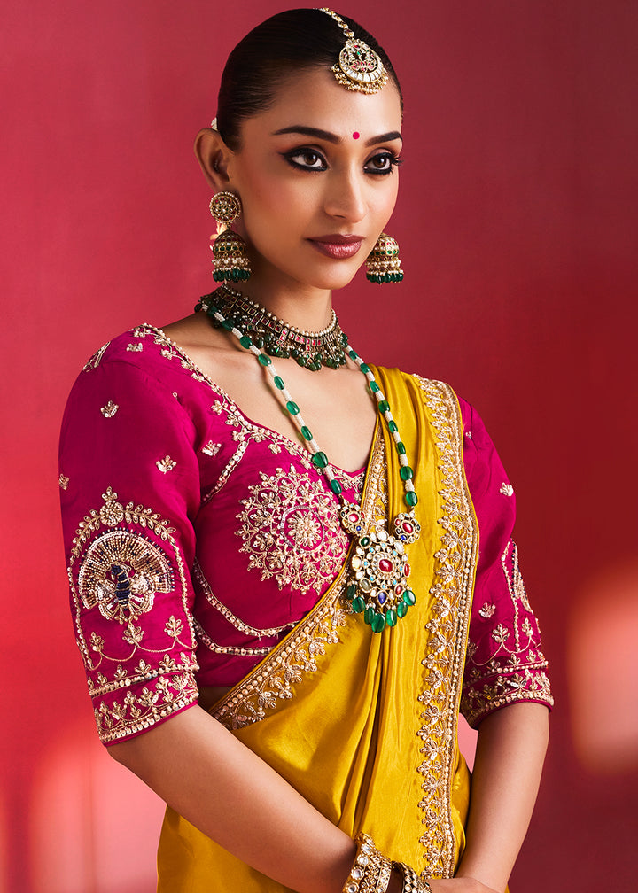 Buy Now Designer Style Yellow Embroidered Wedding Wear Saree Online in US, UK, Canada, France, Germany, Denmark, Sweden, Italy, UAE &amp; Worldwide at Empress.
