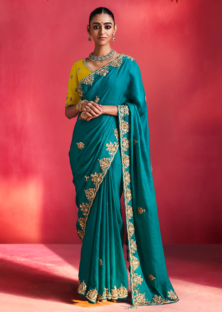 Buy Now Designer Style Turquoise Embroidered Wedding Wear Saree Online in US, UK, Canada, France, Germany, Denmark, Sweden, Italy, UAE &amp; Worldwide at Empress.