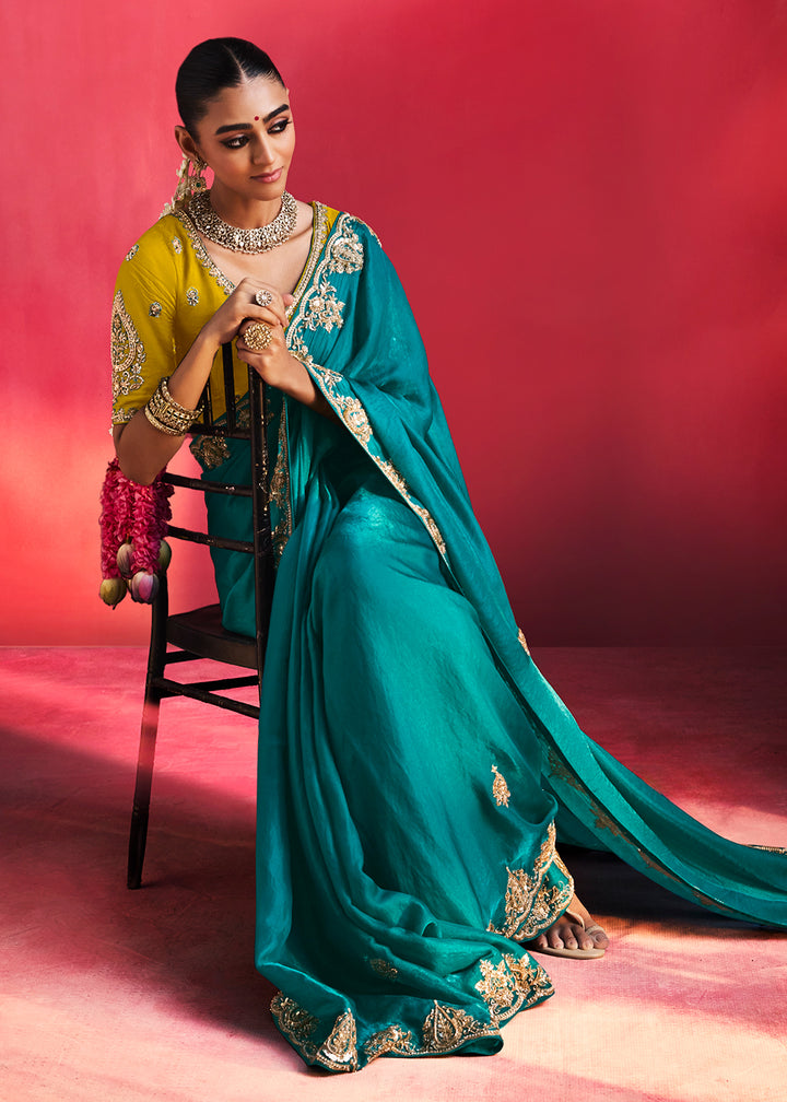 Buy Now Designer Style Turquoise Embroidered Wedding Wear Saree Online in US, UK, Canada, France, Germany, Denmark, Sweden, Italy, UAE &amp; Worldwide at Empress.