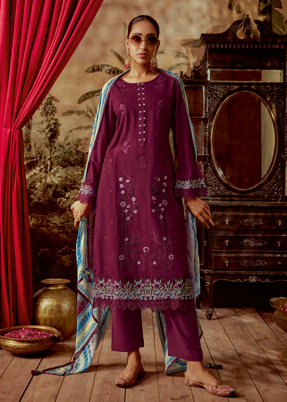 Buy Now Charming Wine Parsi Style Embroidered Festive Salwar Suit Online in USA, UK, Canada, Germany, Australia & Worldwide at Empress Clothing.