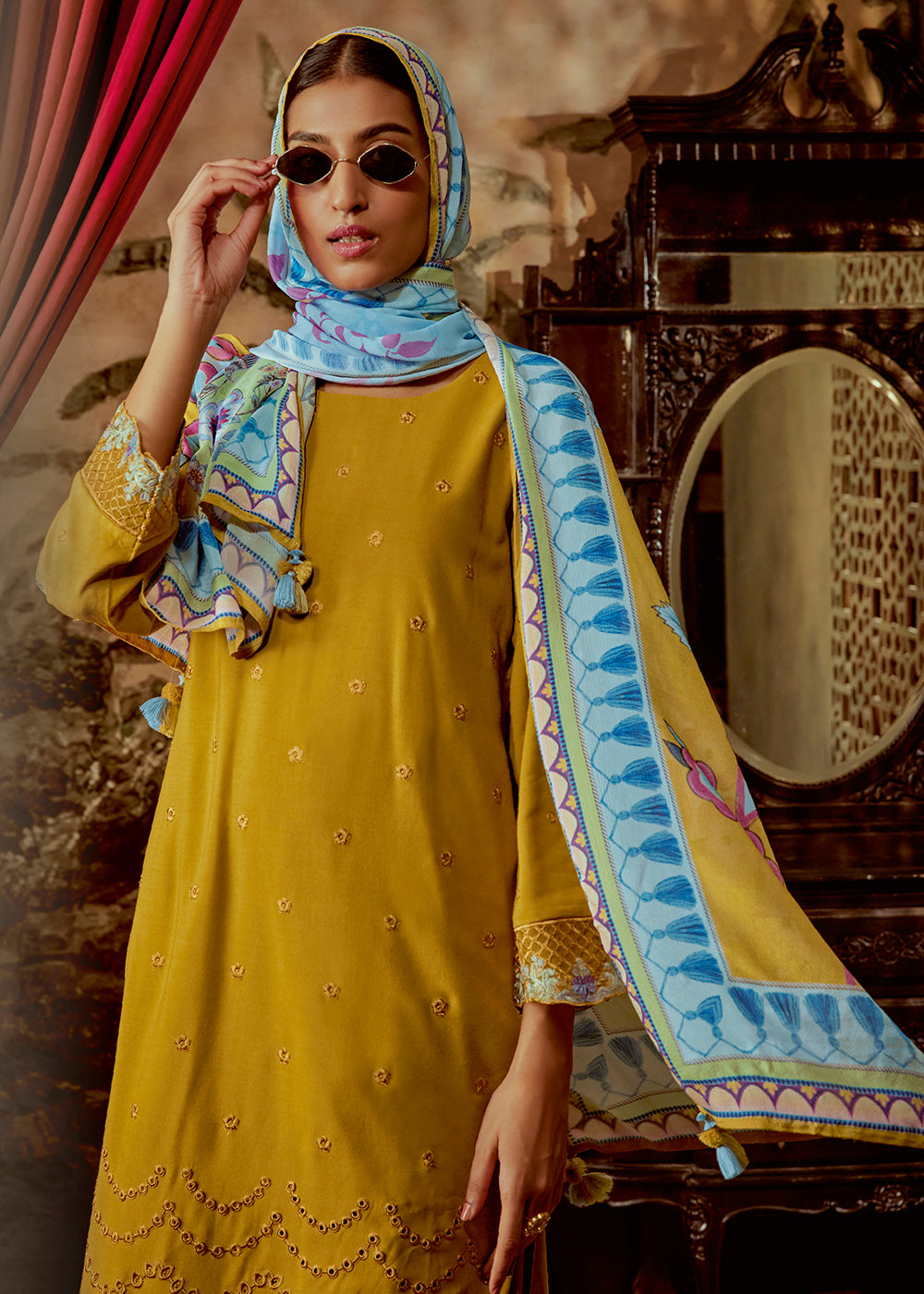 Buy Now Charming Mustard Parsi Style Embroidered Festive Salwar Suit Online in USA, UK, Canada, Germany, Australia & Worldwide at Empress Clothing.