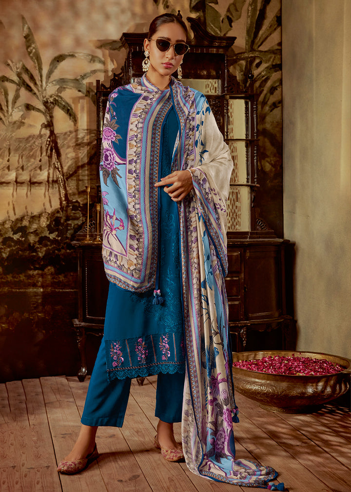 Buy Now Charming Teal Blue Parsi Style Embroidered Festive Salwar Suit Online in USA, UK, Canada, Germany, Australia & Worldwide at Empress Clothing.