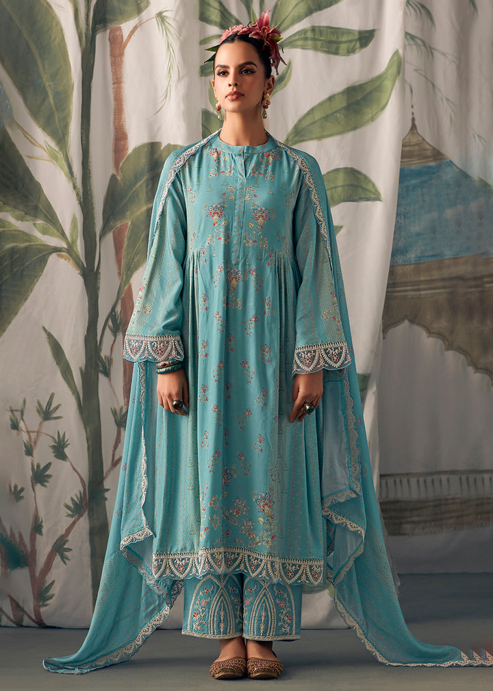 Buy Now Turquoise Pure Maslin Cotton Digital Printed Salwar Suit Online in USA, UK, Canada, Germany, Australia & Worldwide at Empress Clothing.