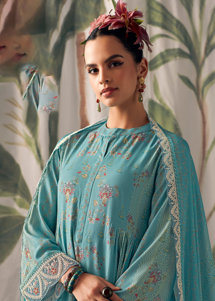 Buy Now Turquoise Pure Maslin Cotton Digital Printed Salwar Suit Online in USA, UK, Canada, Germany, Australia & Worldwide at Empress Clothing.
