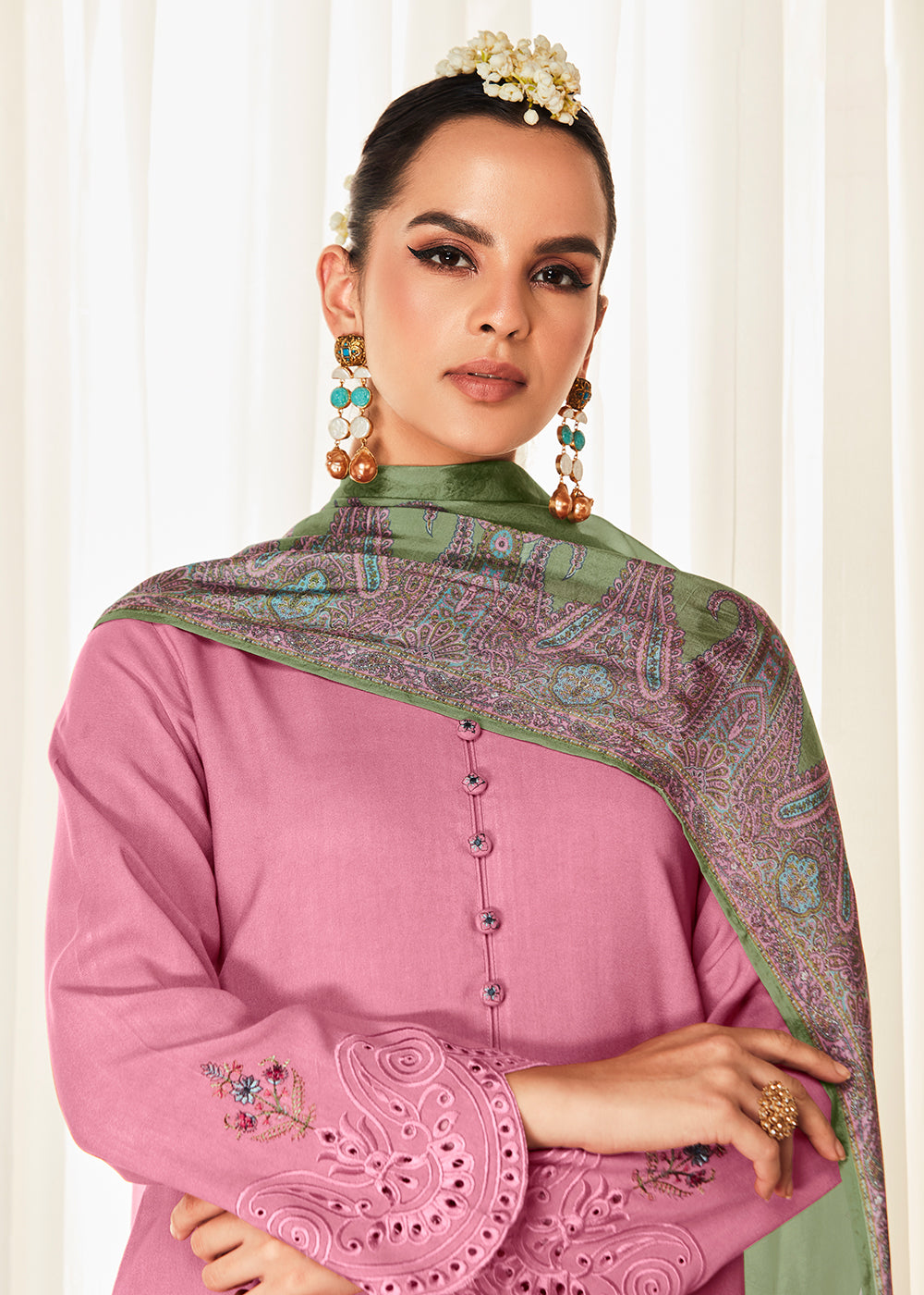 Buy Now Pleasing Pink Suzani Inspired Embroidered Ethnic Salwar Suit Online in USA, UK, Canada, Germany, Australia & Worldwide at Empress Clothing. 