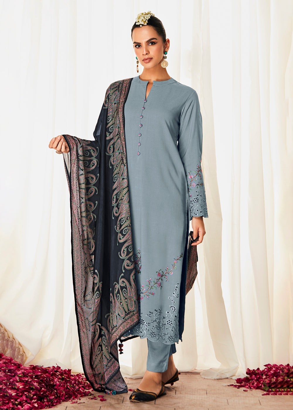 Buy Now Pleasing Grey Suzani Inspired Embroidered Ethnic Salwar Suit Online in USA, UK, Canada, Germany, Australia & Worldwide at Empress Clothing. 
