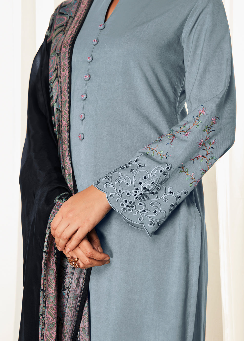 Buy Now Pleasing Grey Suzani Inspired Embroidered Ethnic Salwar Suit Online in USA, UK, Canada, Germany, Australia & Worldwide at Empress Clothing. 