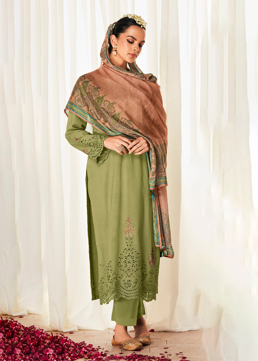Buy Now Pleasing Green Suzani Inspired Embroidered Ethnic Salwar Suit Online in USA, UK, Canada, Germany, Australia & Worldwide at Empress Clothing.