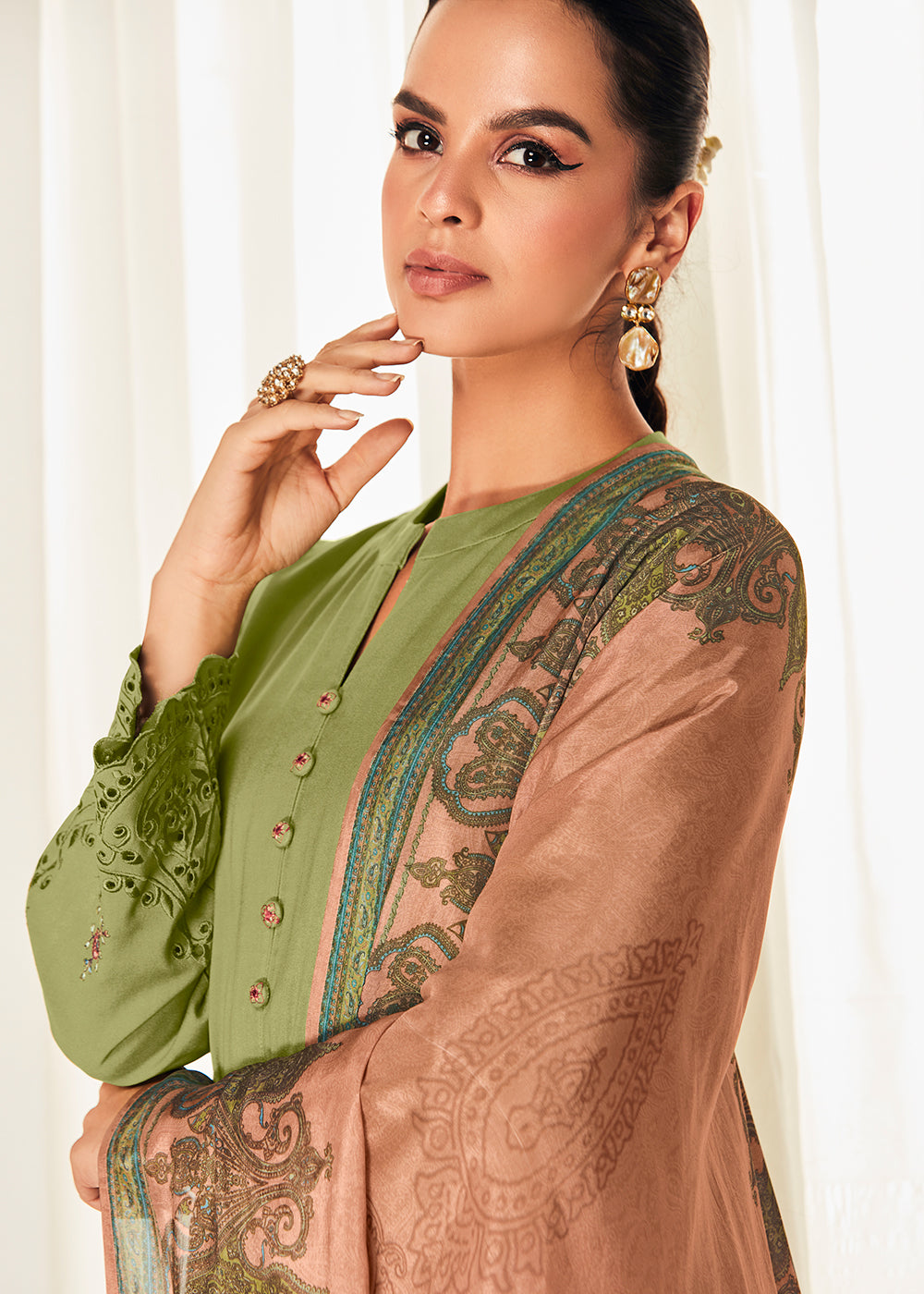 Buy Now Pleasing Green Suzani Inspired Embroidered Ethnic Salwar Suit Online in USA, UK, Canada, Germany, Australia & Worldwide at Empress Clothing.