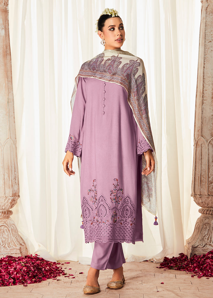 Buy Now Pleasing Lilac Suzani Inspired Embroidered Ethnic Salwar Suit Online in USA, UK, Canada, Germany, Australia & Worldwide at Empress Clothing. 