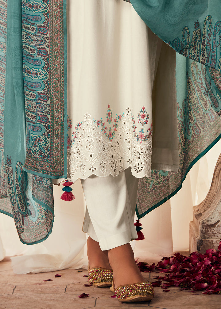 Buy Now Pleasing White Suzani Inspired Embroidered Ethnic Salwar Suit Online in USA, UK, Canada, Germany, Australia & Worldwide at Empress Clothing.