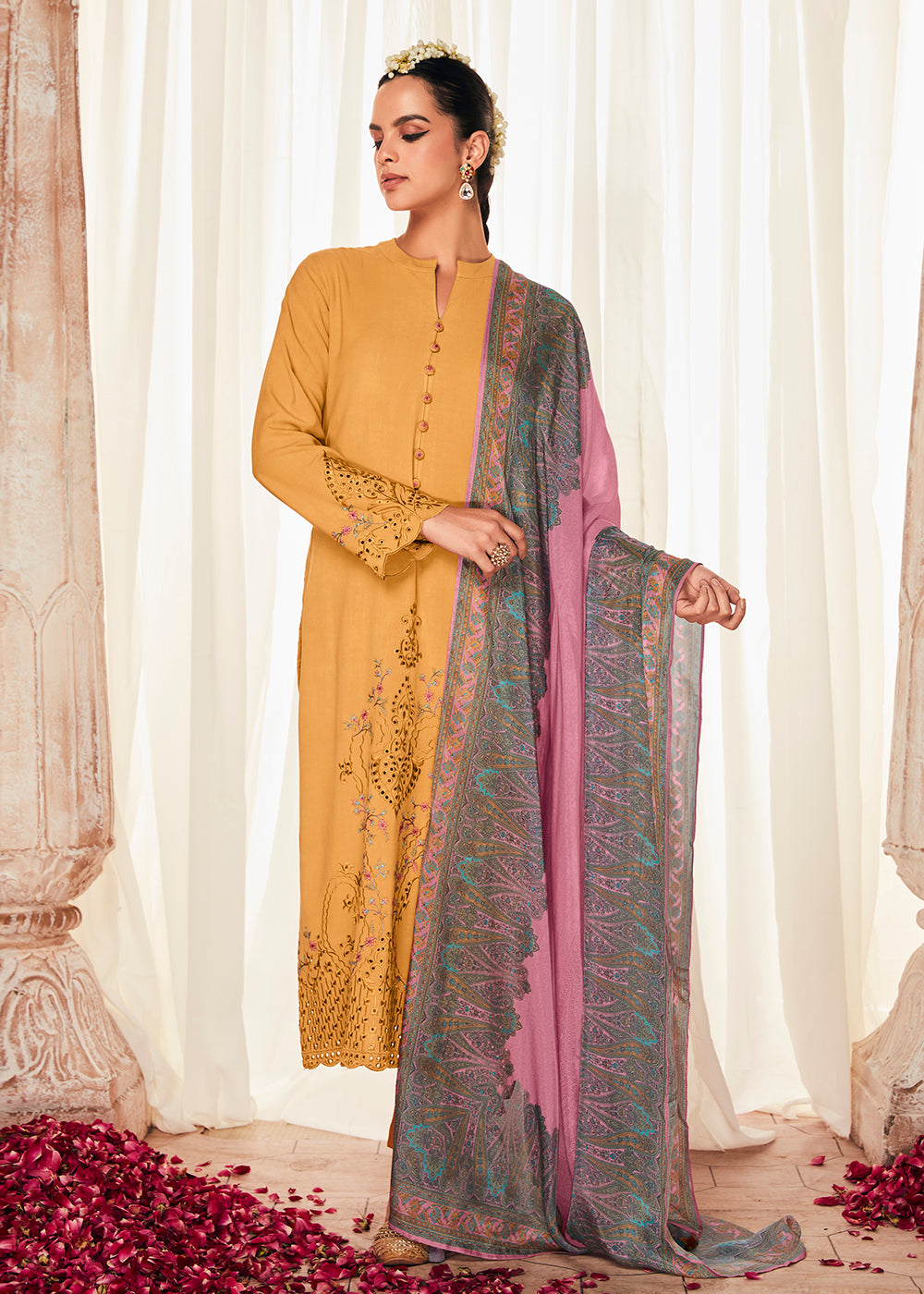 Buy Now Pleasing Yellow Suzani Inspired Embroidered Ethnic Salwar Suit Online in USA, UK, Canada, Germany, Australia & Worldwide at Empress Clothing.