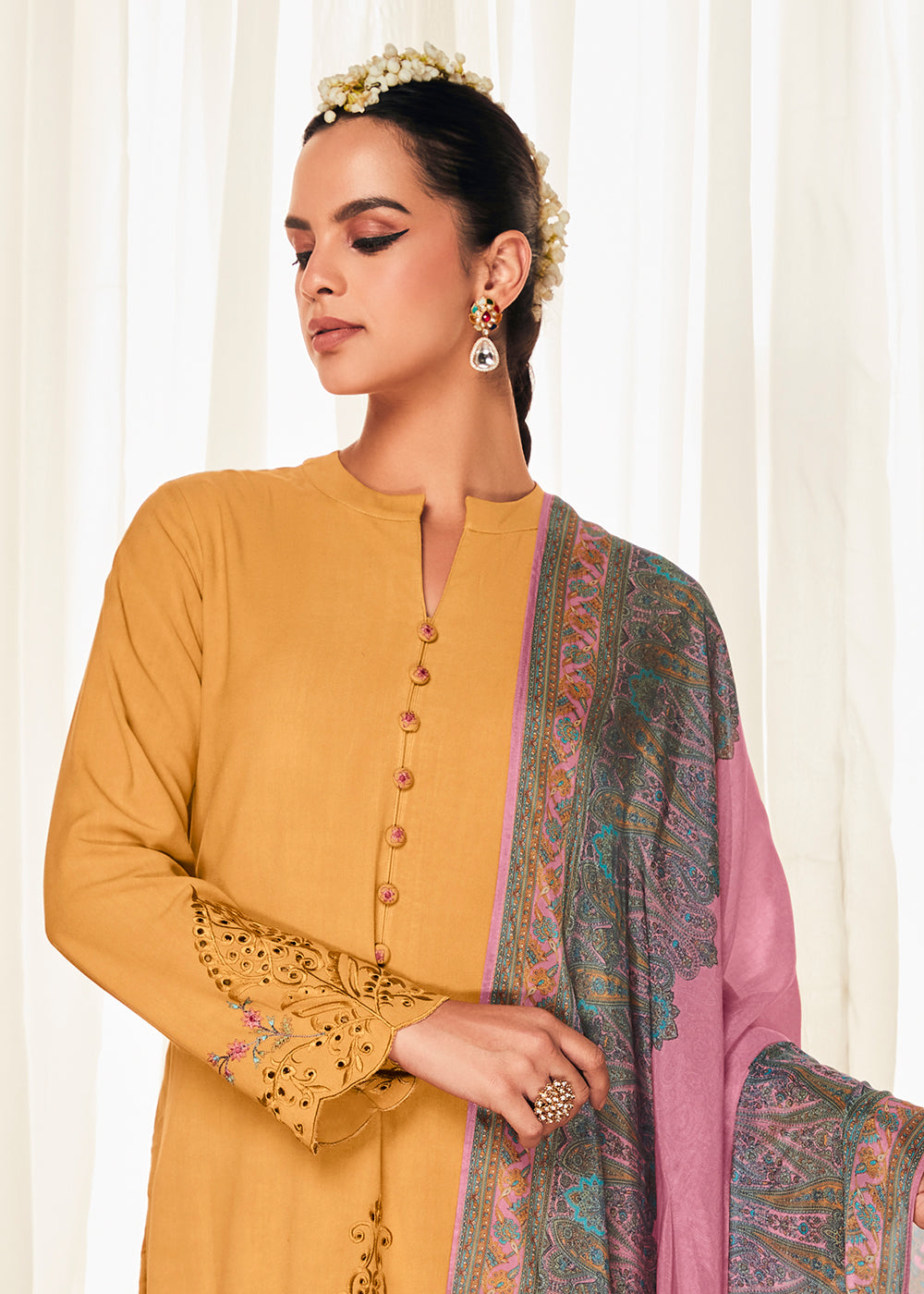 Buy Now Pleasing Yellow Suzani Inspired Embroidered Ethnic Salwar Suit Online in USA, UK, Canada, Germany, Australia & Worldwide at Empress Clothing.