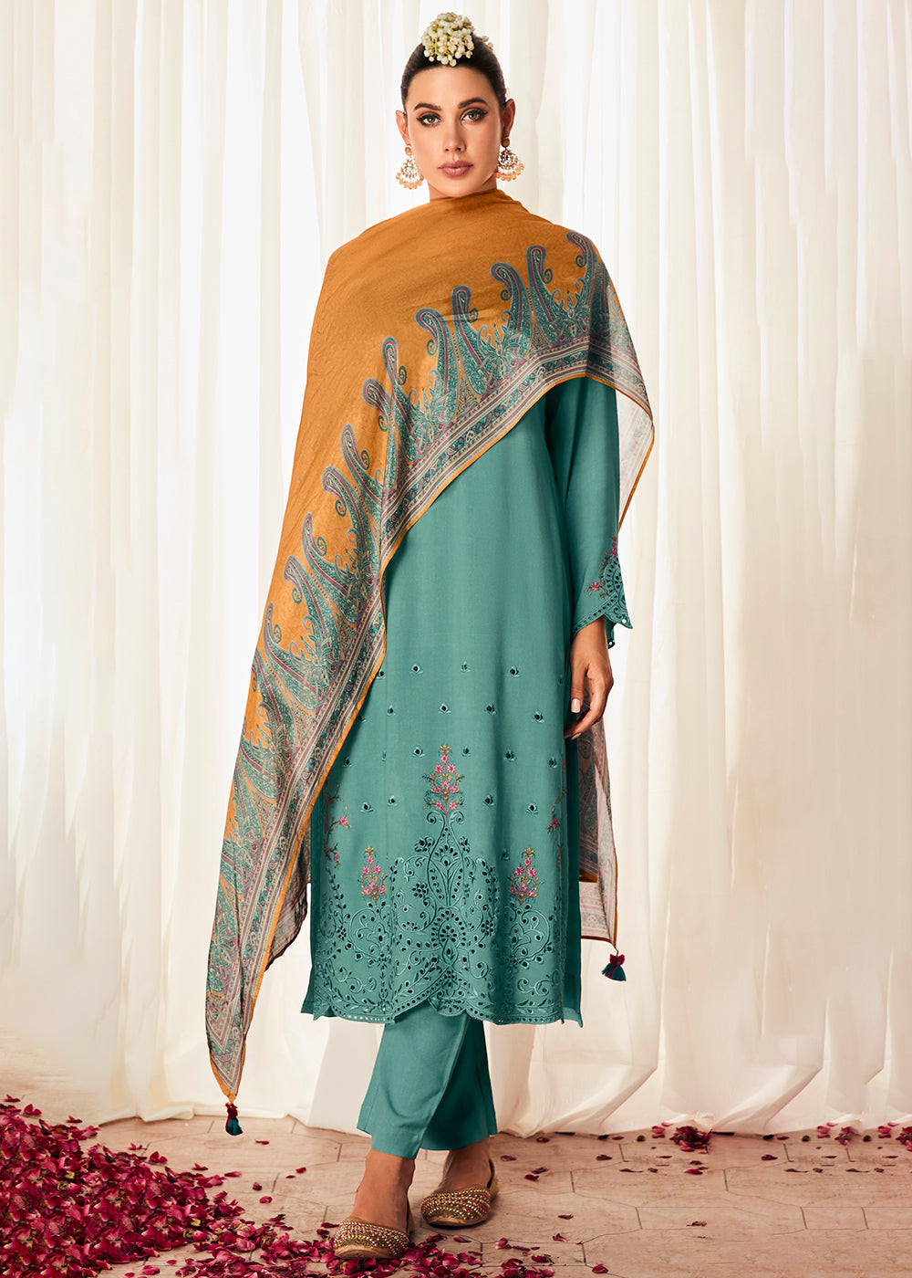 Buy Now Pleasing Turquoise Suzani Inspired Embroidered Ethnic Salwar Suit Online in USA, UK, Canada, Germany, Australia & Worldwide at Empress Clothing. 