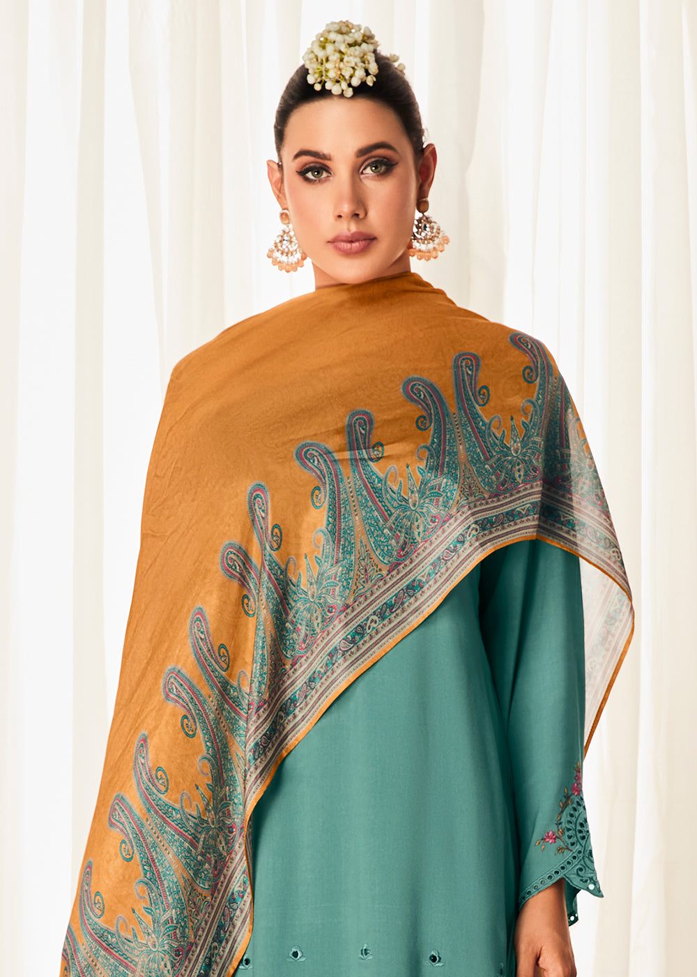 Buy Now Pleasing Turquoise Suzani Inspired Embroidered Ethnic Salwar Suit Online in USA, UK, Canada, Germany, Australia & Worldwide at Empress Clothing. 