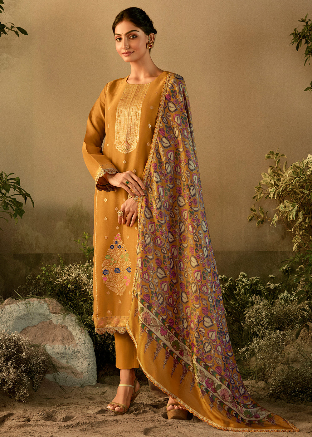 Buy Now Mustard Pure Zari Banarasi Tissue Festive Wear Salwar Suit Online in USA, UK, Canada, Germany, Australia & Worldwide at Empress Clothing.