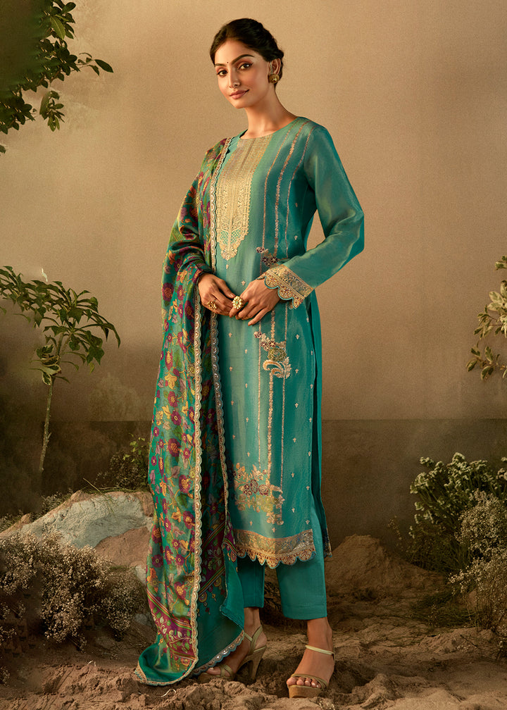 Turquoise Pure Zari Banarasi Tissue Festive Wear Salwar Suit