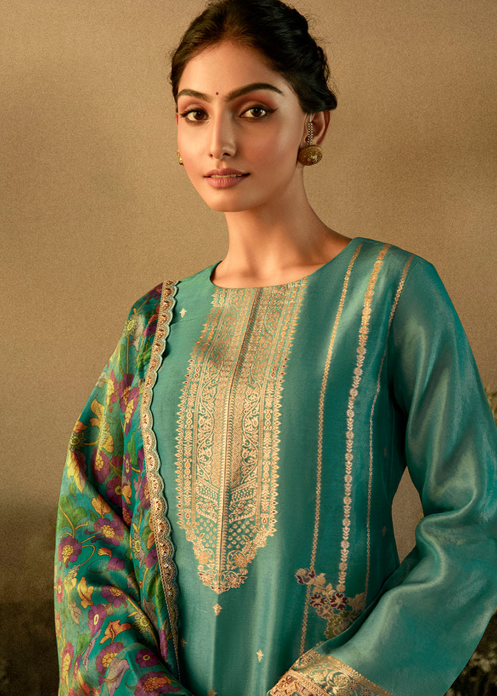 Turquoise Pure Zari Banarasi Tissue Festive Wear Salwar Suit