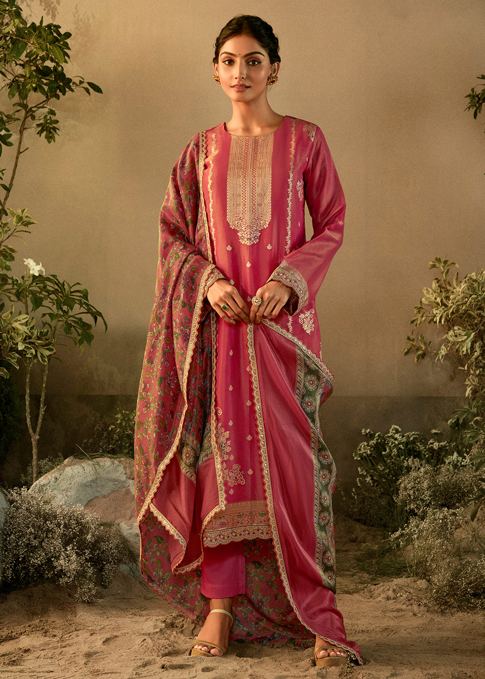 Buy Now Pink Pure Zari Banarasi Tissue Festive Wear Salwar Suit Online in USA, UK, Canada, Germany, Australia & Worldwide at Empress Clothing. .
