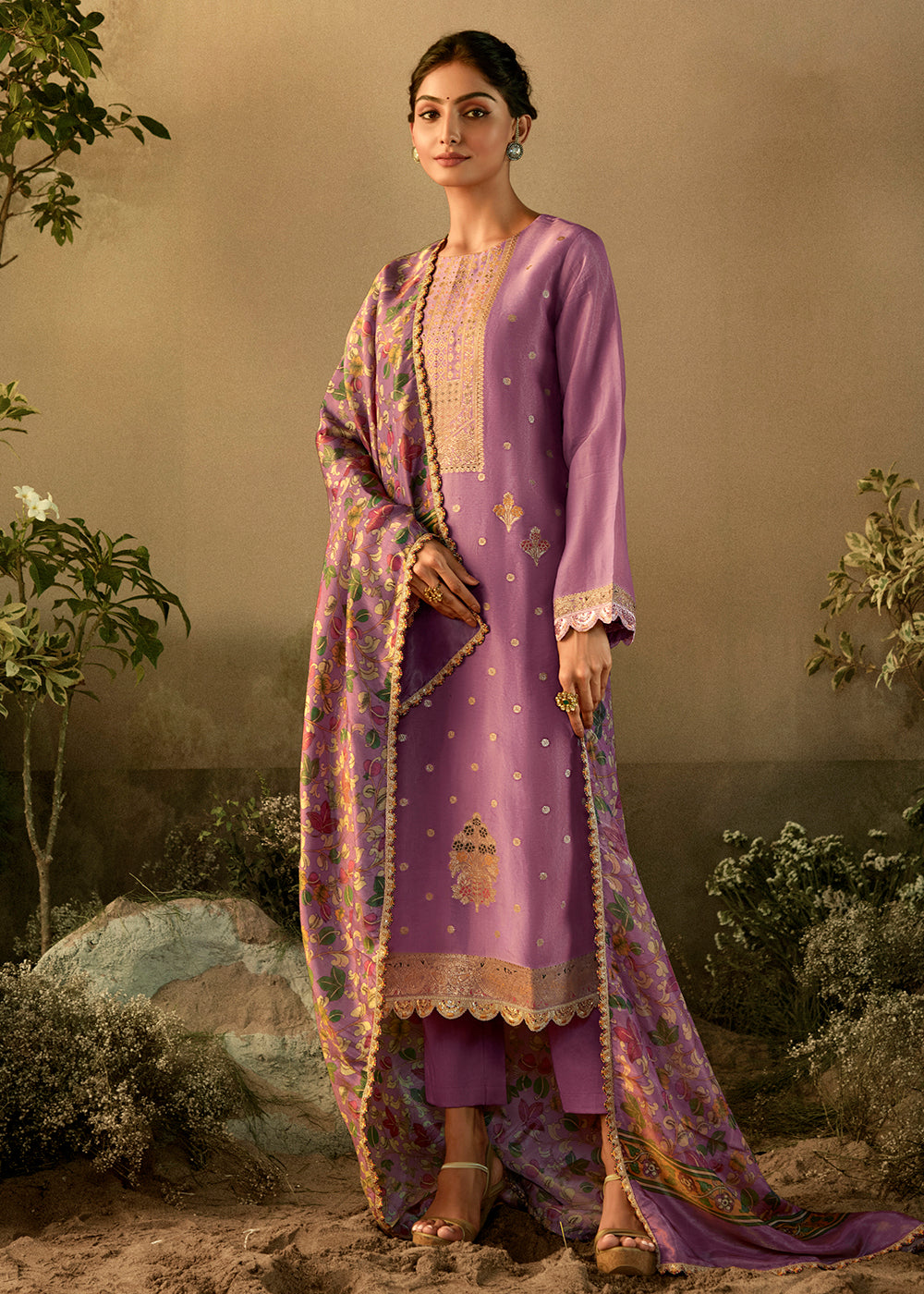 Buy Now Lilac Pure Zari Banarasi Tissue Festive Wear Salwar Suit Online in USA, UK, Canada, Germany, Australia & Worldwide at Empress Clothing.