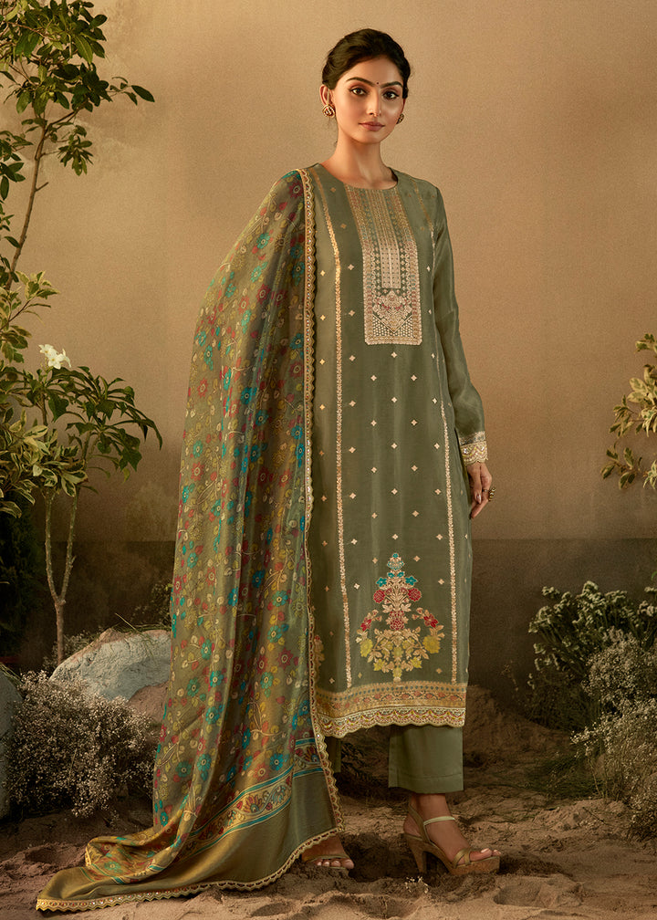 Buy Now Green Pure Zari Banarasi Tissue Festive Wear Salwar Suit Online in USA, UK, Canada, Germany, Australia & Worldwide at Empress Clothing. 