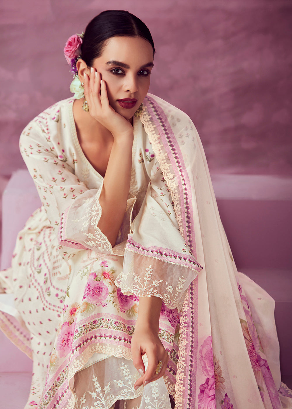 Buy Now Ivory & Pink Muslin Cotton Printed Trendy Salwar Kurta Set Online in USA, UK, Canada, Germany, Australia & Worldwide at Empress Clothing.
