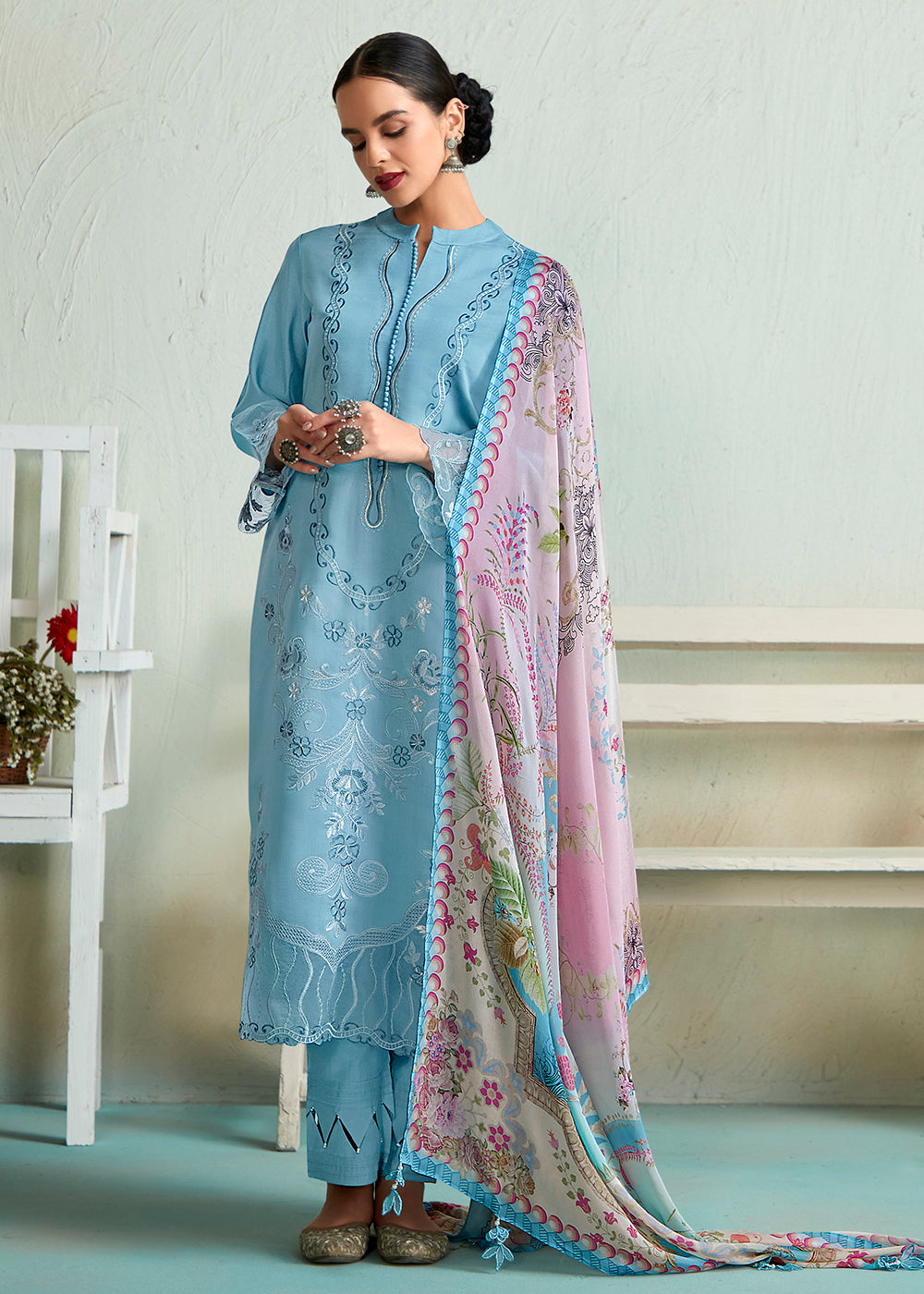 Buy Now Powder Blue Pure Muslin Resham Embroidered Salwar Suit Online in USA, UK, Canada, Germany, Australia & Worldwide at Empress Clothing.