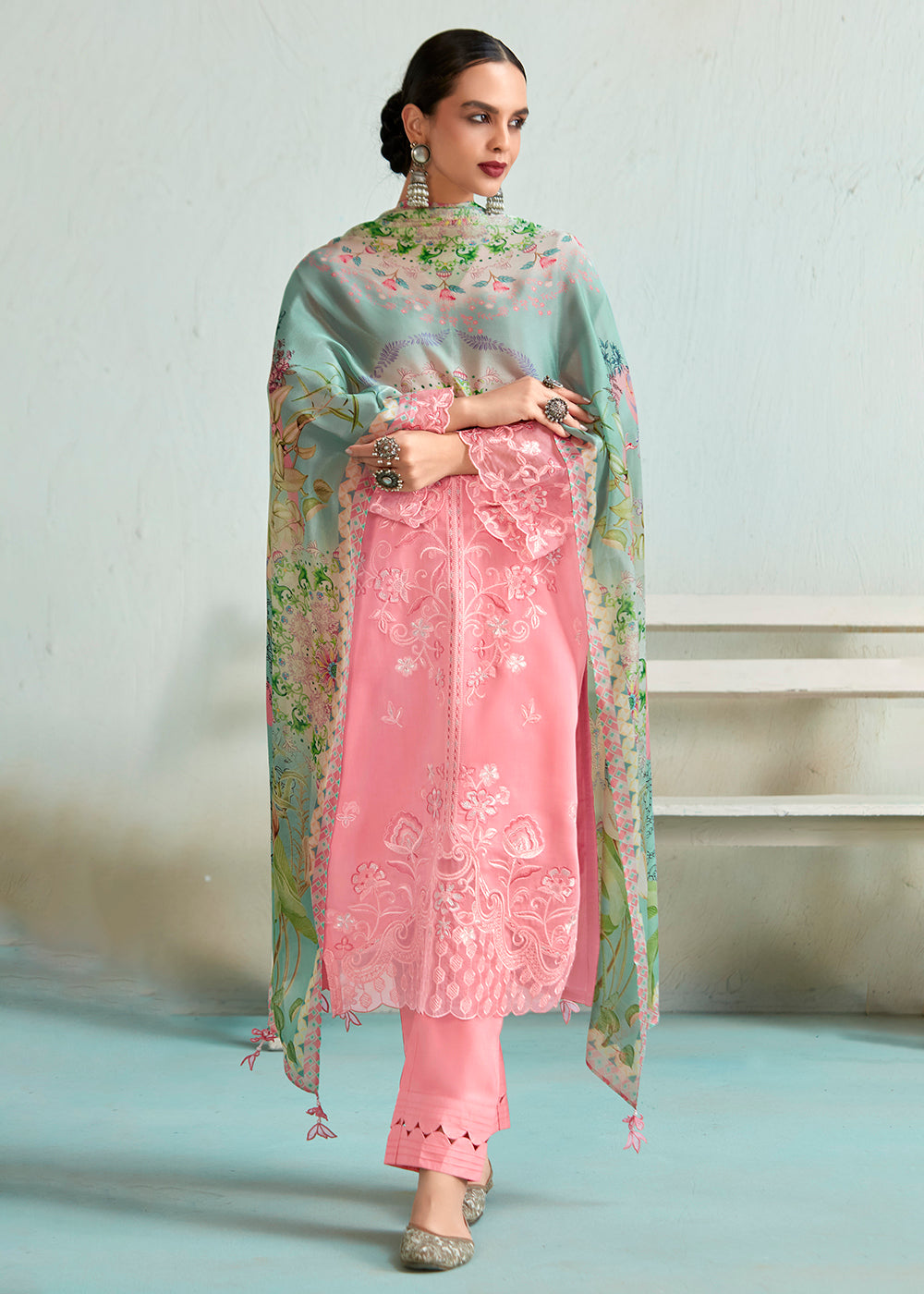 Buy Now Pretty Pink Pure Muslin Resham Embroidered Salwar Suit Online in USA, UK, Canada, Germany, Australia & Worldwide at Empress Clothing.