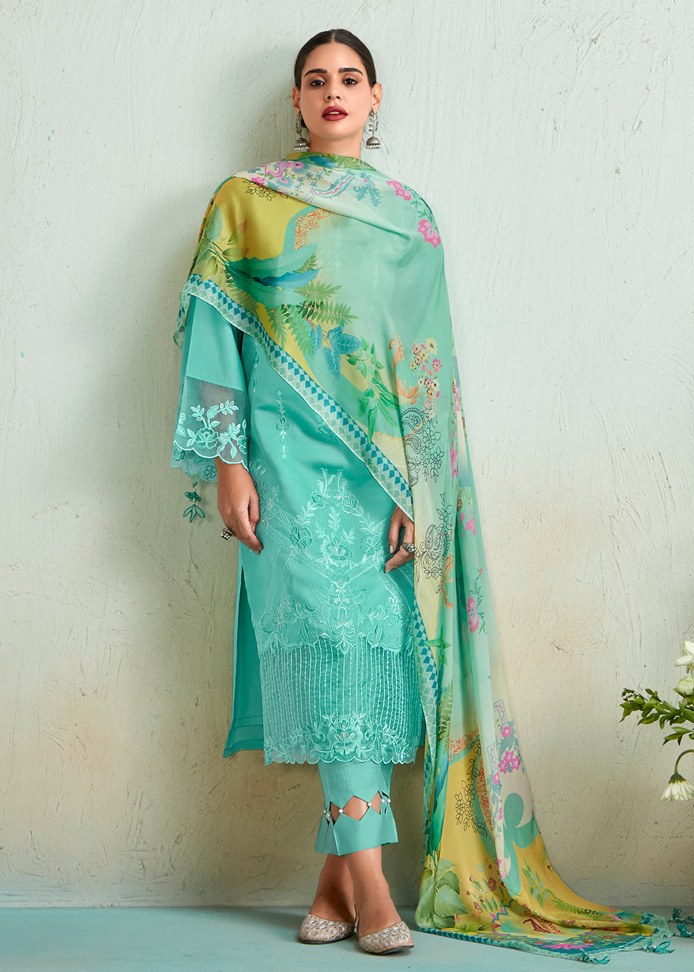 Buy Now Turquoise Blue Pure Muslin Resham Embroidered Salwar Suit Online in USA, UK, Canada, Germany, Australia & Worldwide at Empress Clothing.